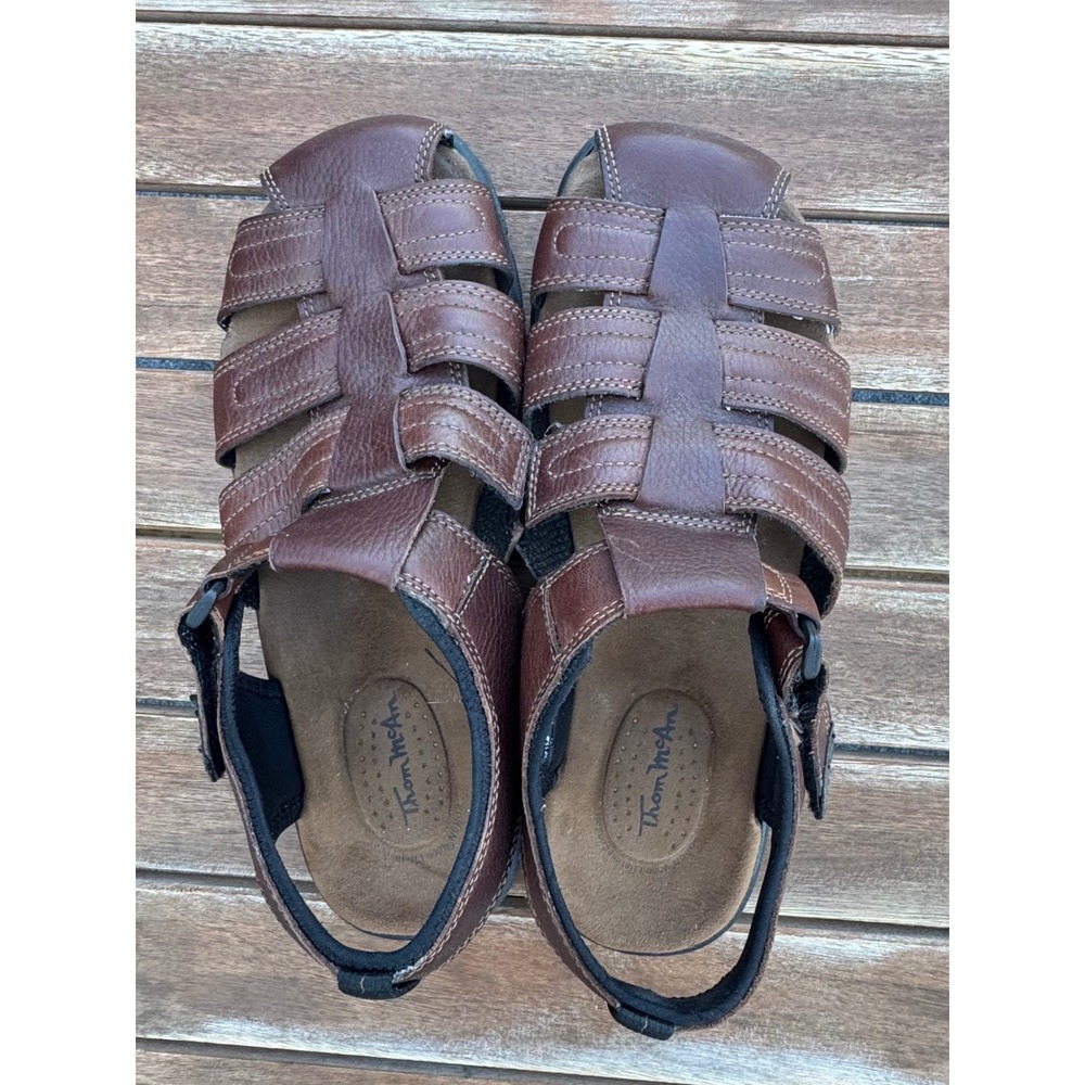 Thom McAn Mens‎ Brown Leather Fisherman Sandals 12 Hook Loop Strap 84505